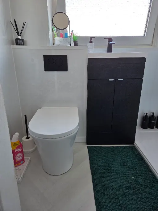 Cloakroom with concealed cistern WC and dark vanity unit